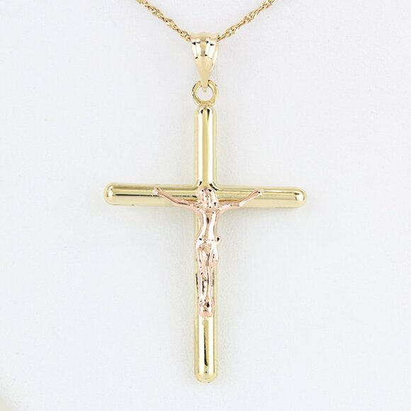 14KT Two-Tone Gold Jesus Christ Crucifix Cross Religious...
